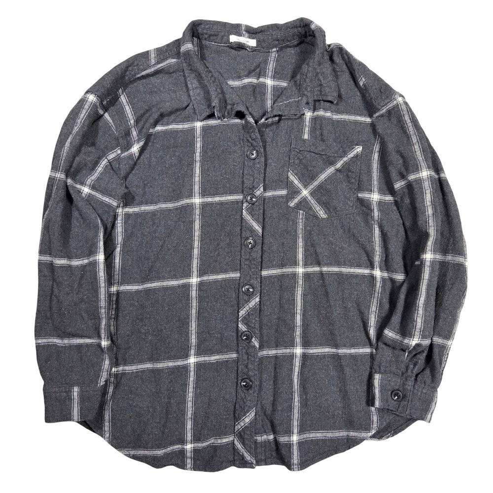Maurices Womens XL Charcoal Gray White Windowpane Plaid Cotton Flannel Shirt